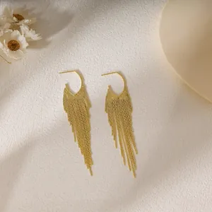 Vintage 14k Gold Plated Brass Long Tassel Drop Earrings For Women Elegant Metal Chain Fringe Ear Jewelry Banquet Party Accessory