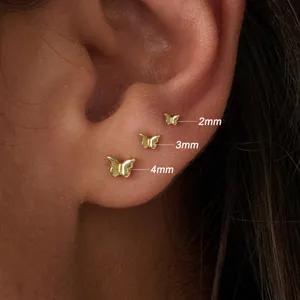 Three-piece set of gold butterfly stud earrings in 2mm, 3mm, and 4mm size comparison