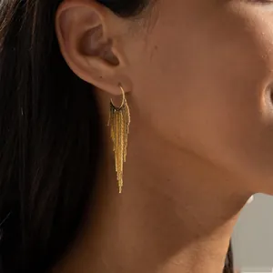 Elegant gold-plated brass tassel earrings for women with layered metal chains