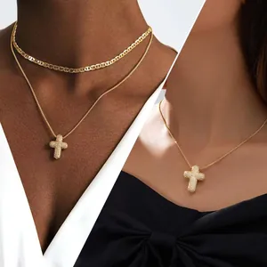 Layered Copper Necklace Gold Plated Zirconia Cross Pendant Bubble Hollow Necklaces For Women Fashion Jewelry Gift