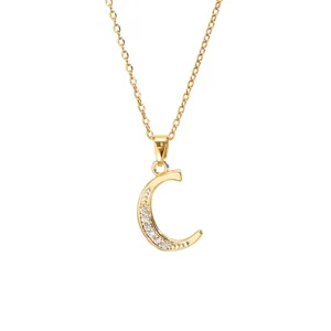 Close-up of gold letter C pendant necklace with zircon inlay and thin link chain