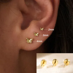 Golden butterfly stud earring set in 2mm 3mm 4mm sizes with flat screw back design