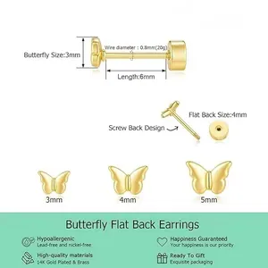 Detailed size chart for 14K gold plated brass butterfly earrings with thread flat back