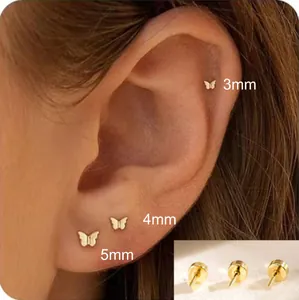 Detail view of gold butterfly studs in 3mm 4mm 5mm sizes with secure screw back closure