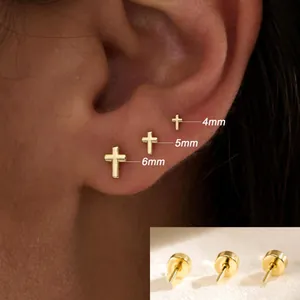 Detailed view of 18k gold plated brass cross stud earrings in 4mm, 5mm, and 6mm sizes