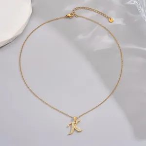 Gold plated brass necklace with sparkling zircon encrusted letter K pendant for women