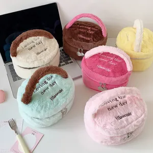 Neceser de Cosméticos Redondo de Peluche Piel Sintética Estilo Coreano Organizador de Maquillaje Portátil Con Asa Para Mujeres