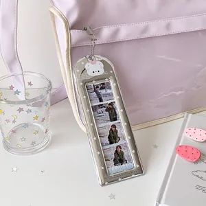 Silver mirror four-grid photo card holder with cute bear charm and metal bead chain