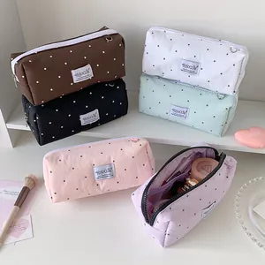 Stippen canvas etui en cosmetische tas set in verschillende pastelkleuren