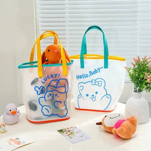 Transparent PVC jelly tote bags with cute cartoon bear prints and colorful handles