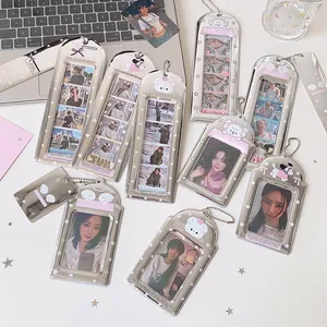 Silver Mirror Photocard Holder PVC Four Frame Photo Sleeve With Bead Chain For Idol Cards Star Cartoon Bear Dog Pendant