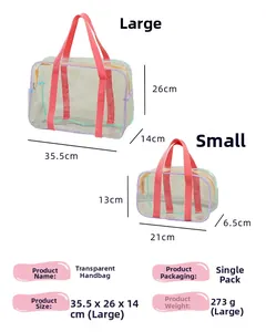 Transparent PVC tote bag set with dimensions and weight details in a macro product view