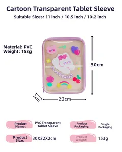 Detail view of purple transparent PVC tablet sleeve with cartoon bunny and size specs