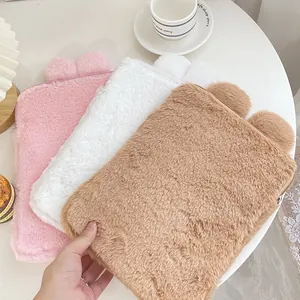 Close-up of soft plush cartoon tablet sleeves with cute ears and metal zippers