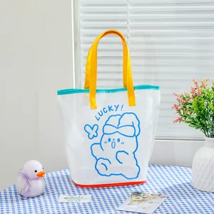 Semi-transparent cartoon bear PVC tote bag with colorful handles for beach and travel