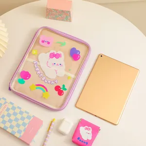 Detail of lavender cartoon iPad sleeve with clear PVC window and mesh inner pocket