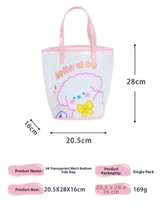 Detailed view of clear PVC tote bag with pink handles and cartoon dog print dimensions