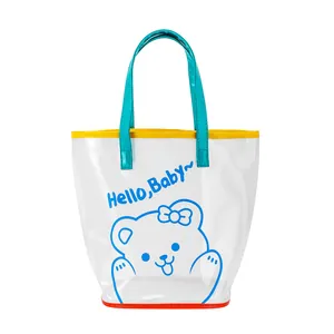 Transparent PVC tote bag with cartoon bear print and colorful handles for beach use