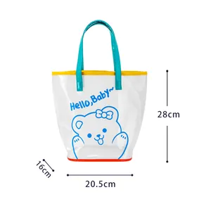 Detailed size view of clear PVC jelly tote bag with cartoon bear and color-block handles