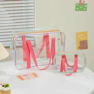 Transparent PVC Handbag Large Capacity Jelly Beach Bag Pink Handle Waterproof Toiletry Storage Tote Bag For Women Daily Travel