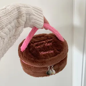 Bolso de mano de felpa en marrón café y rosa con bordado para mujeres y estudiantes