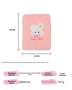 Pink plush tablet sleeve with rabbit embroidery, measuring 28x21cm and weighing 107g