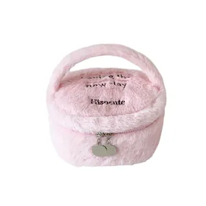 Sac à cosmétiques rose en peluche avec broderie et fermeture éclair pour voyage