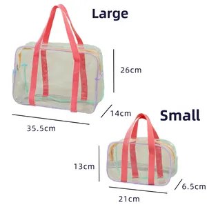 Size comparison for transparent PVC tote bags in large and small with pink handles