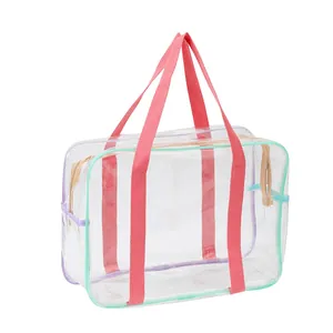 Transparent large capacity PVC tote bag with colorful trim and pink woven handles