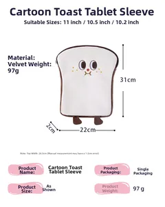 Detail view of 11-inch plush toast tablet sleeve with dimensions and soft fabric texture