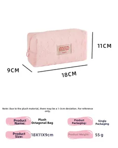 Pink plush cosmetic bag detail showing 18x11x9cm dimensions and fluffy texture