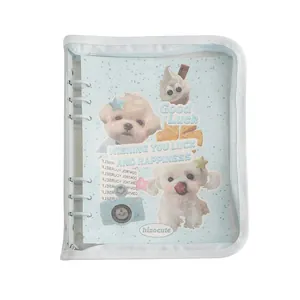 Carpeta A5 azul claro con purpurina, ilustraciones de perros y cremallera para fotocards