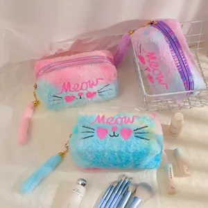 Cute pink and blue gradient plush cat makeup bag with Meow embroidery and fluffy tail