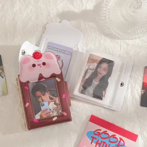 Pink cartoon dessert cake photocard binder with strawberry kitten and transparent pockets