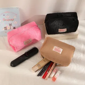 Plush makeup bags in pink, black and camel, large capacity storage with zipper closure