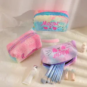 Cute tie-dye plush cat cosmetic bags with Meow embroidery and holographic zipper