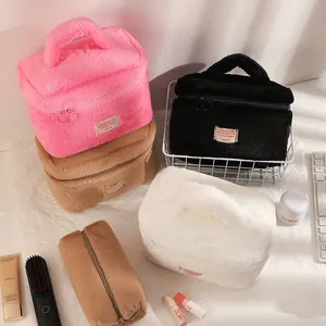 Trousse à Maquillage en Peluche Fausse Fourrure de Grande Capacité Organisateur de Toilette de Voyage Portable Couleur Unie Étui de Rangement Souple pour Femmes Filles