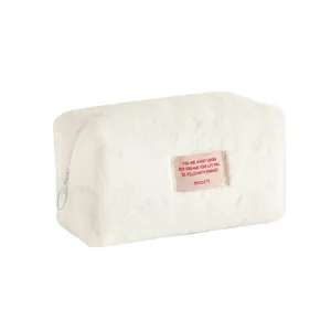 White plush pencil case and cosmetic bag with fuzzy texture and pink Hisocute label