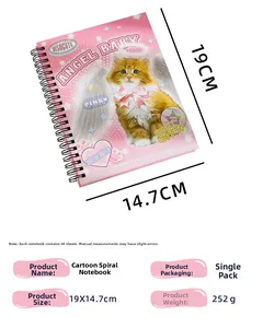 Detail view of pink spiral notebook featuring a cute cat design with product specifications