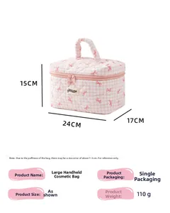 Trousse à maquillage matelassée rose à carreaux avec nœuds rouges et dimensions