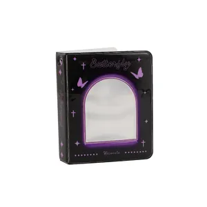 Glossy black mini photo album with purple butterfly design and arched window