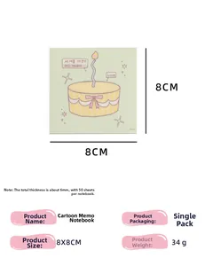 Detailed specs of the 8x8cm cartoon memo pad with 50 sheets and 6mm thickness