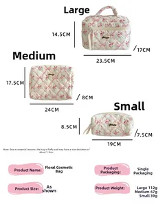Lot de 3 trousses à maquillage matelassées à fleurs avec dimensions pour le voyage