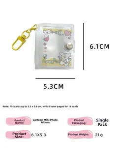 Detailed size chart of 2-inch mini photo album with clear PVC pages and key ring