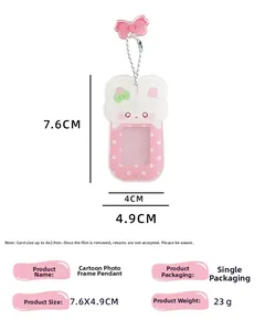 Pink cartoon acrylic photo frame keychain with dimensions and size specifications