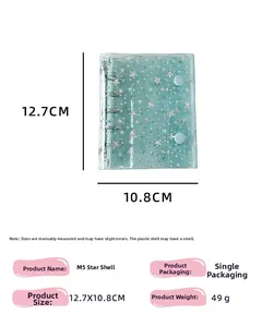 Macro view of transparent M5 laser star binder cover with dimensions and snap button