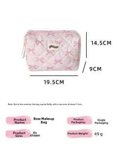 Detailed size specifications for pink quilted ribbon bow makeup bag with 19.5cm length