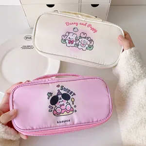 Kawaii Cartoon Bunny Puppy Pencil Case Large Capacity Portable Stationery Bag With Handle Multi-Layer Storage Pouch For School Students