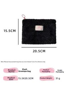 Vista detallada de bolsa de maquillaje de felpa negra 15,5x20,5cm con cremallera roja