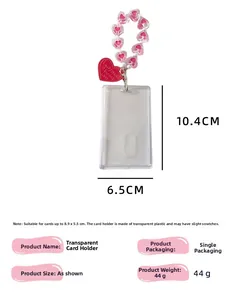Détail du porte-carte transparent avec perles roses et dimensions précises de l'article